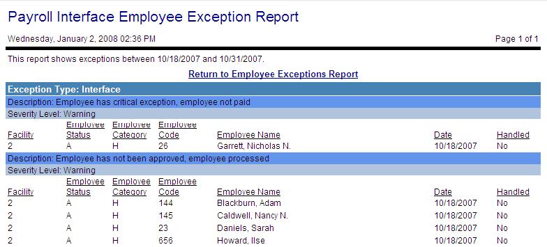 View Interface Summary (Employee Exception Report)